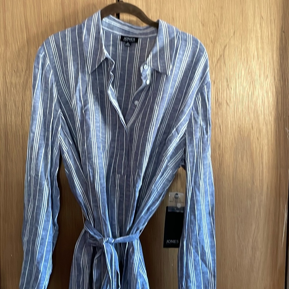 NWT Jones New York denim & white linen striped shirt dress SZ XL